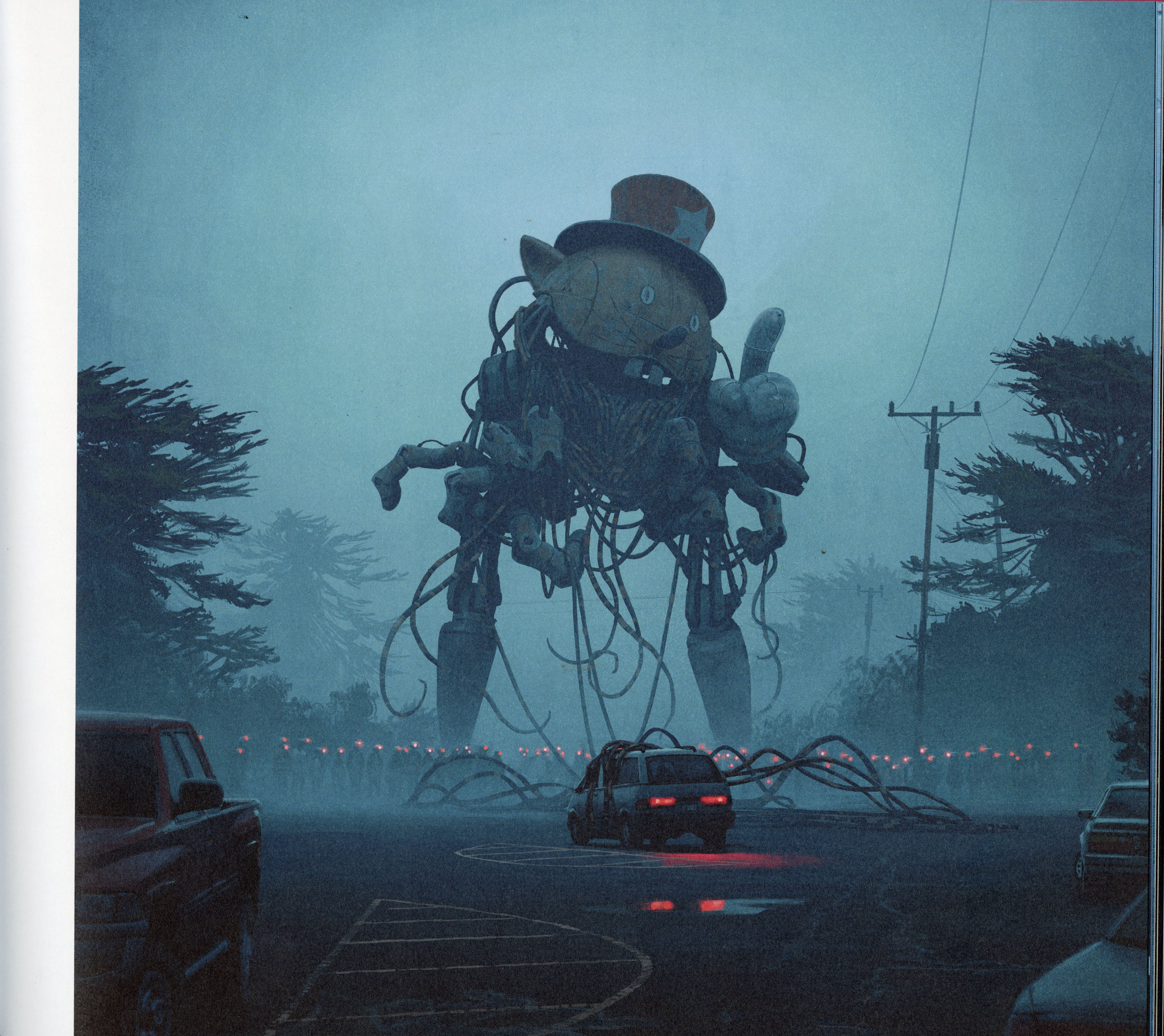 Simon Stålenhagin Liittymiä-teoksen kuva, jossa valtava robotti on kietonut auton jonkinlaisiin köysiin tai johtoihin.