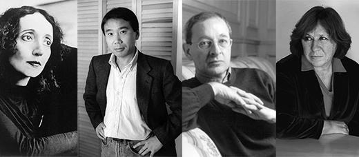 Joyce Carol Oates. kuva: Marion Ettlinger; Haruki Murakami. Kuva: Jerry Bauer; Péter Nádas. Kuva: Tammi; Svetlana Aleksijevitj. Kuva: M.Kabakova 